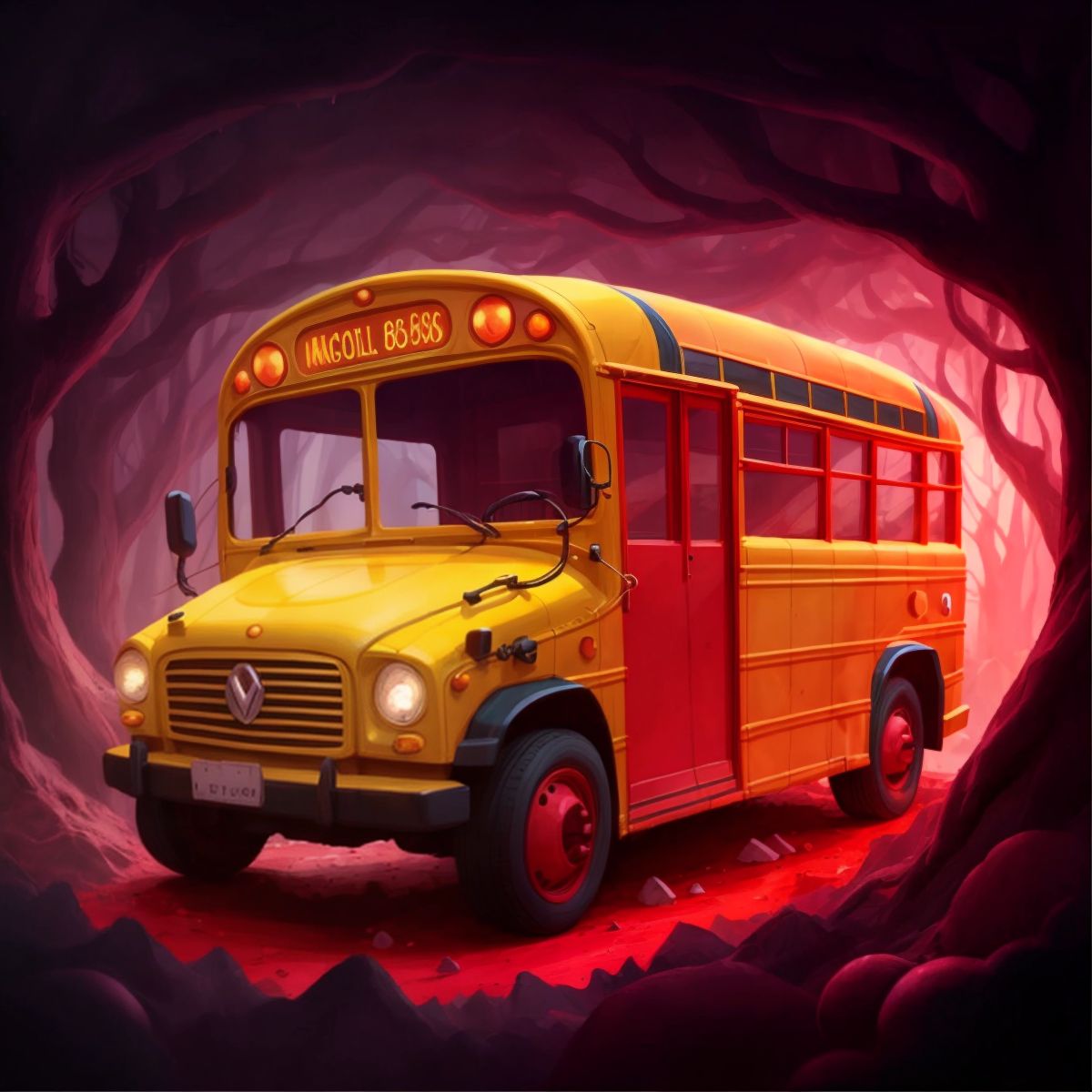 Magic school bus, shrunken in size, navigating through a network of blood vessels