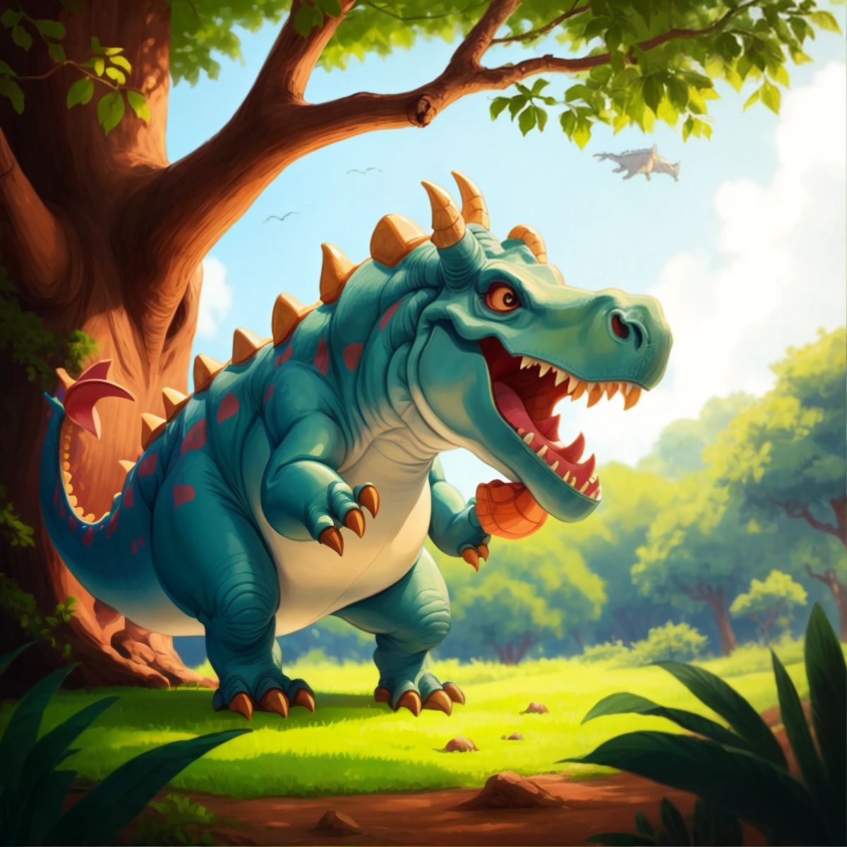 A triceratops eating from a tree