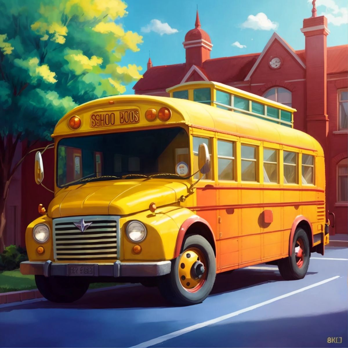 Magic school bus parked in front of a school