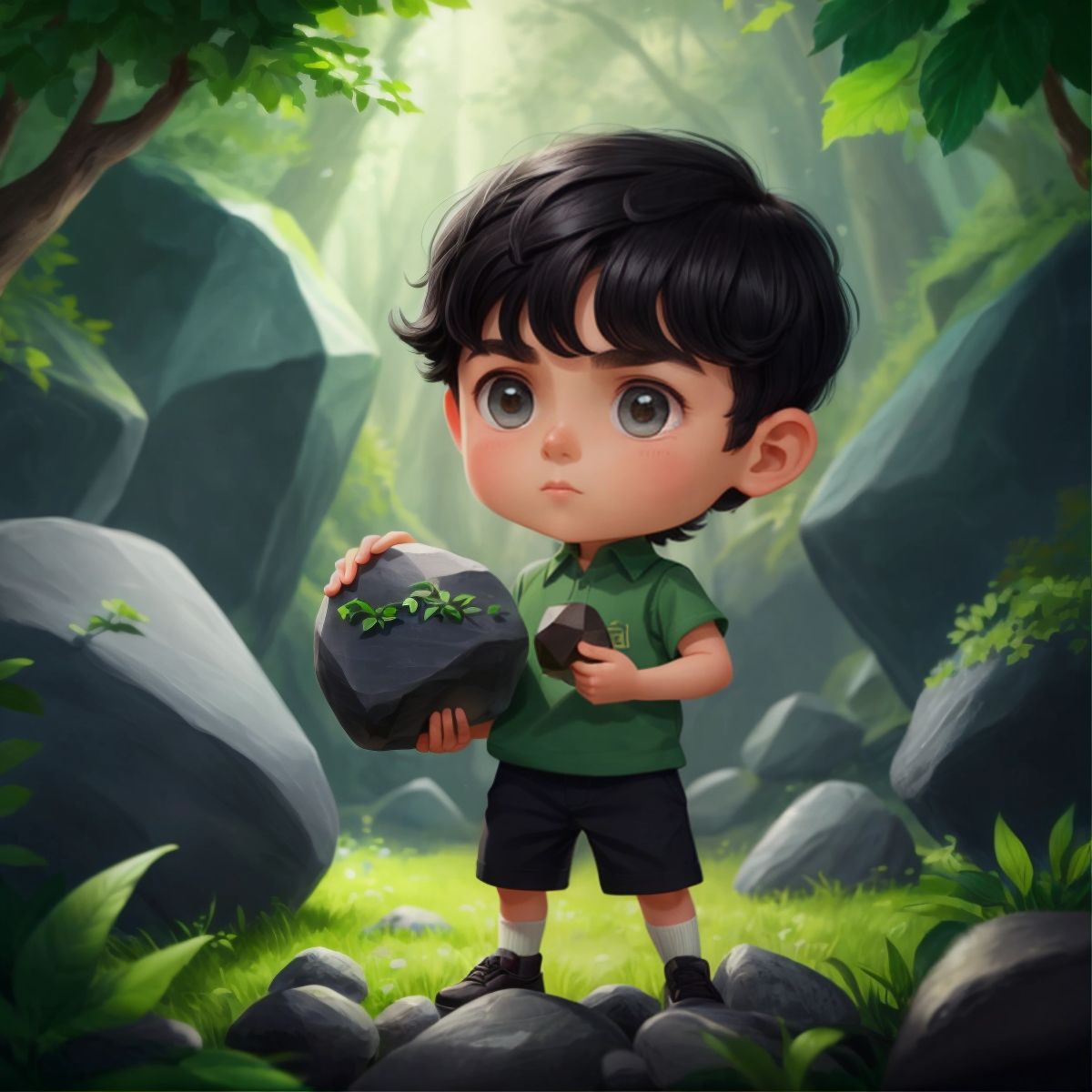 Max holding a rock with green minerals