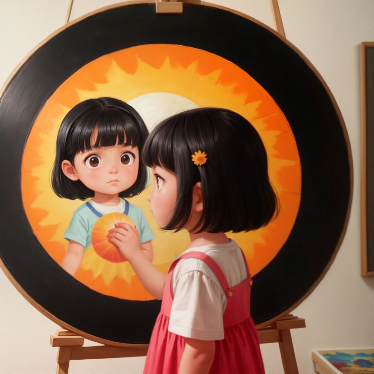 Hua Hua looking at a painting of a colorful sun