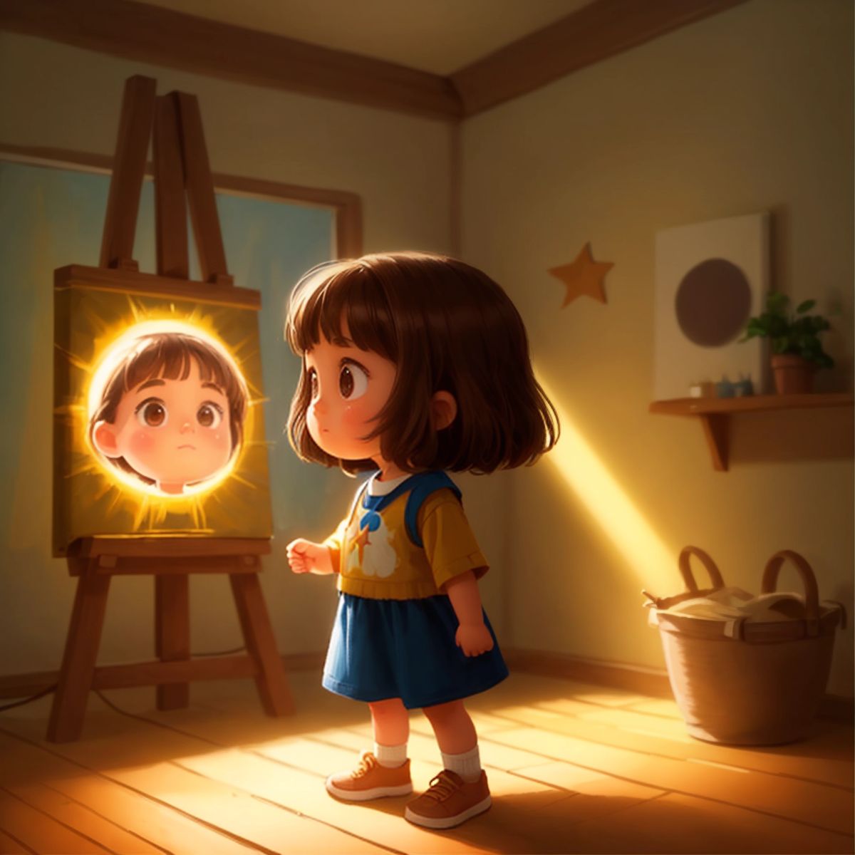 Floret standing in a room illuminated by the glow from a canvas