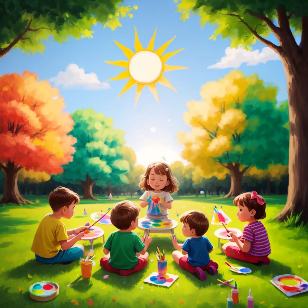 Children and adults painting colorful suns