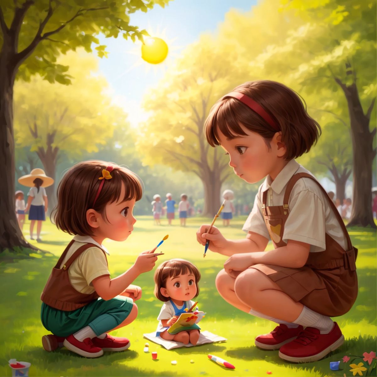 Little Flower painting a sun, with people of all ages looking at her paintings