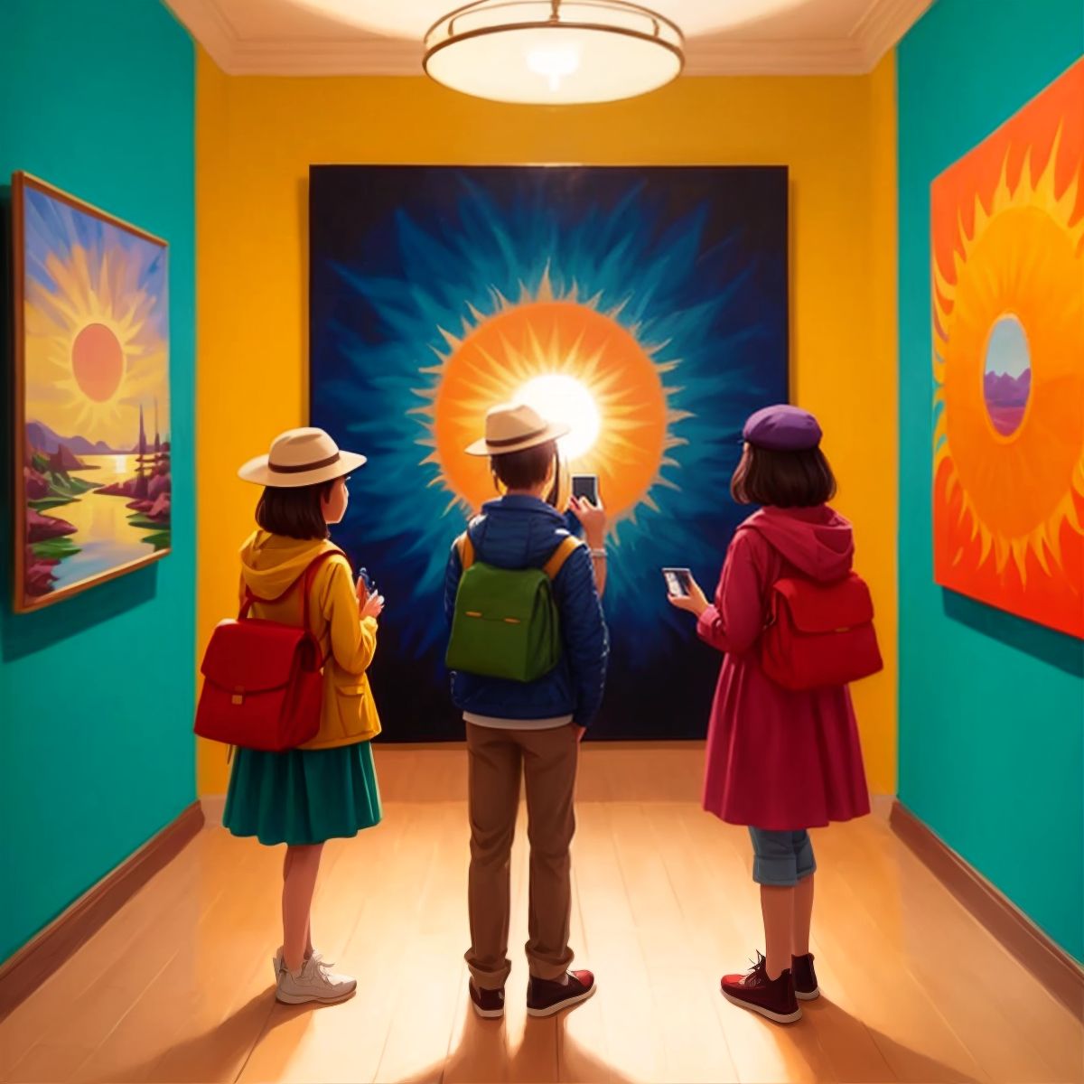 People from all walks of life looking at colorful sun paintings
