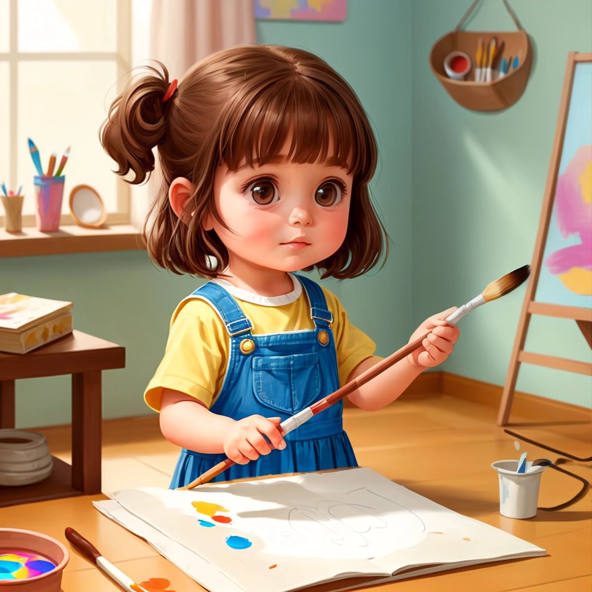 Floret holding a paintbrush, looking at a canvas