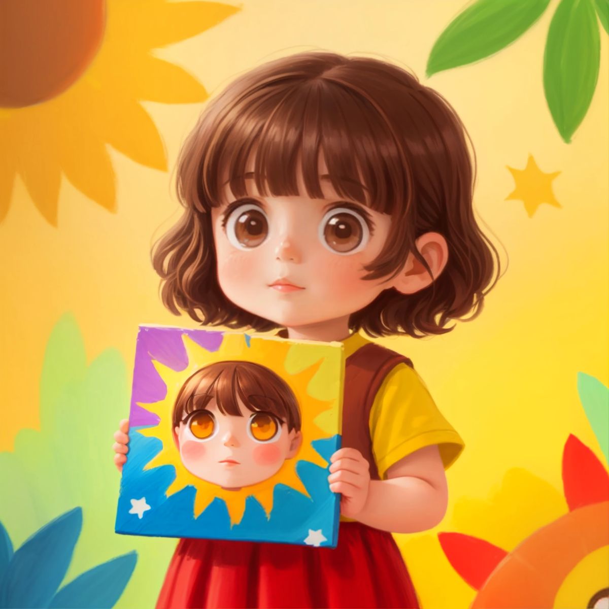 Little Flower holding a painting of a colorful sun