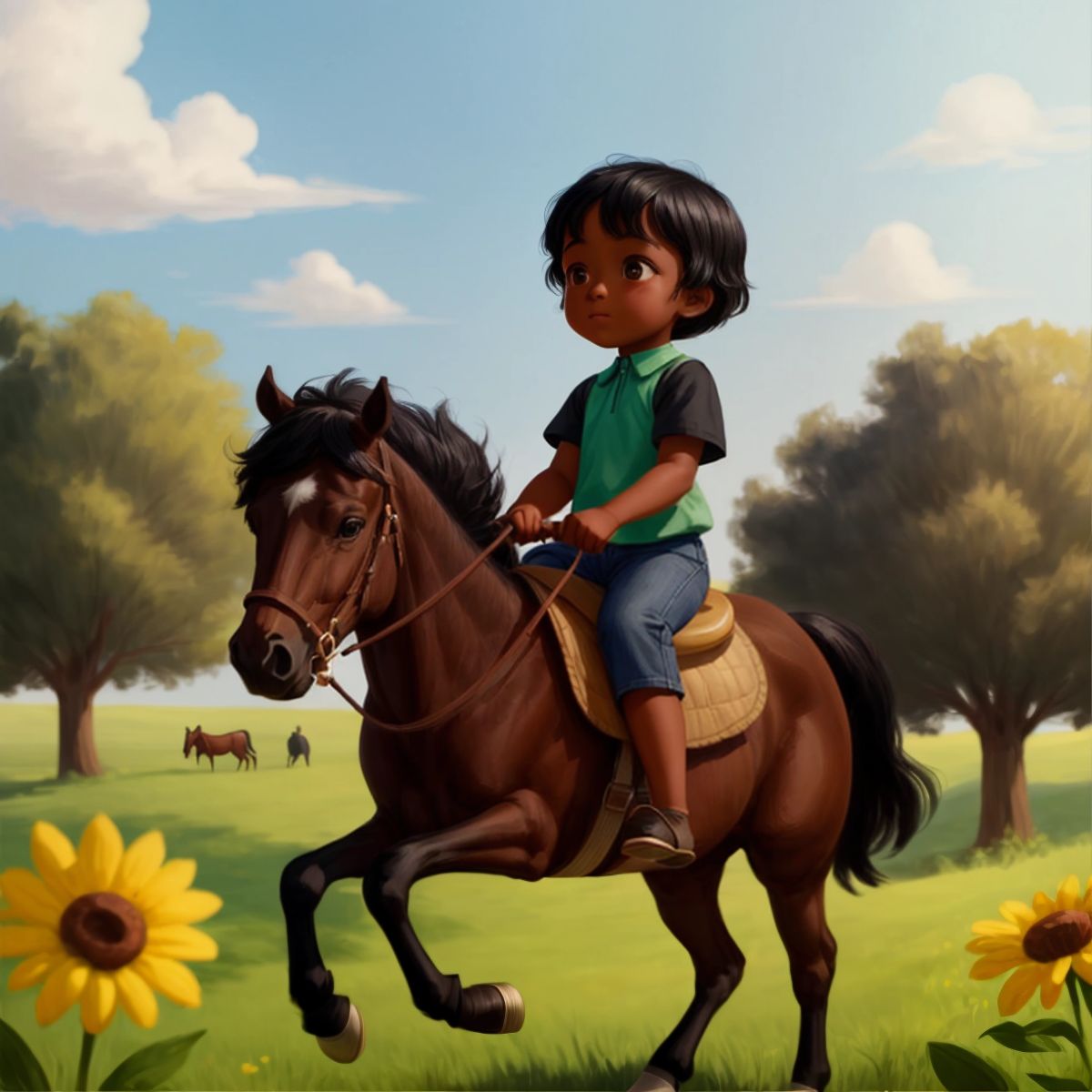 Gabriella riding a friendly horse on a farm