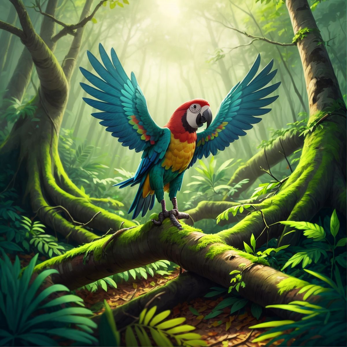 A parrot flying over fallen trees