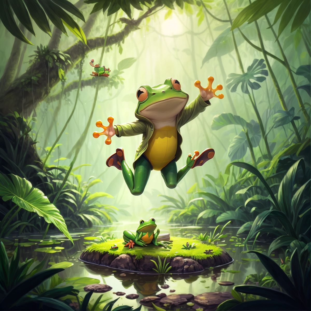 A frog jumping high over a swamp