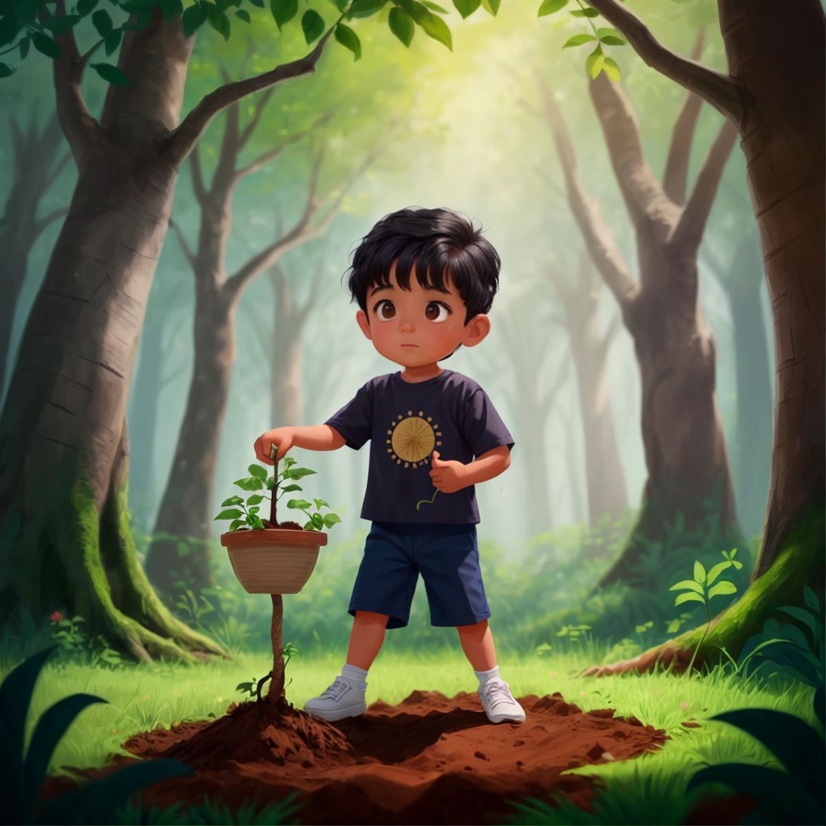 Ethan planting a tree in a deforested area