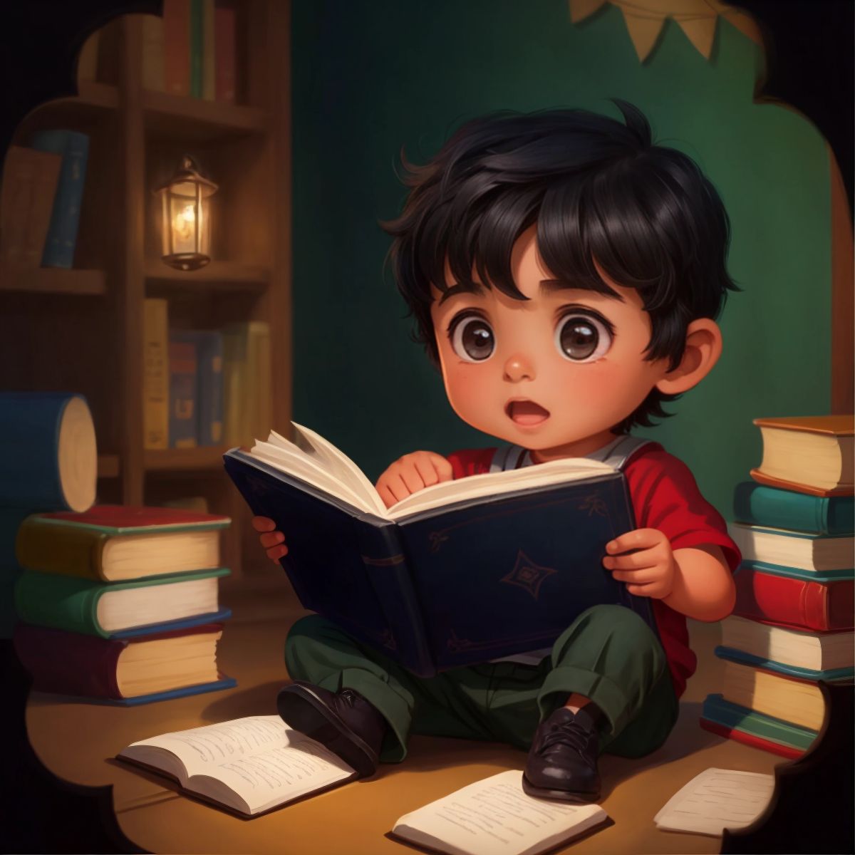 Ethan reading the spellbook with a look of excitement