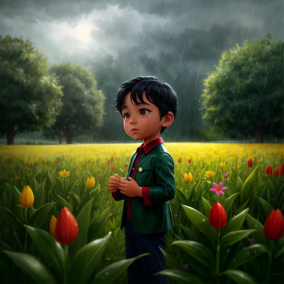 Rain falling gently on a field, with plants blooming