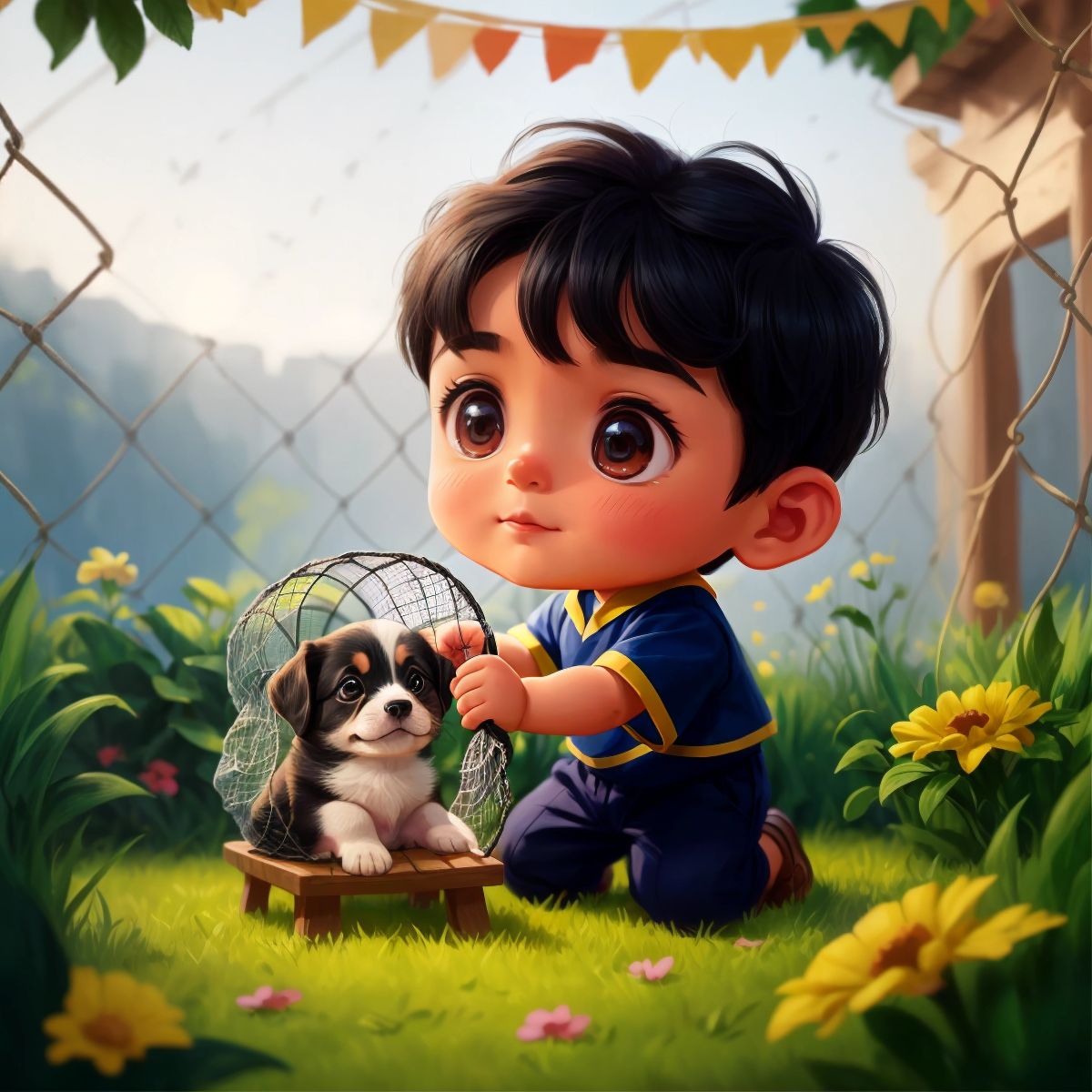A puppy trapped in a net