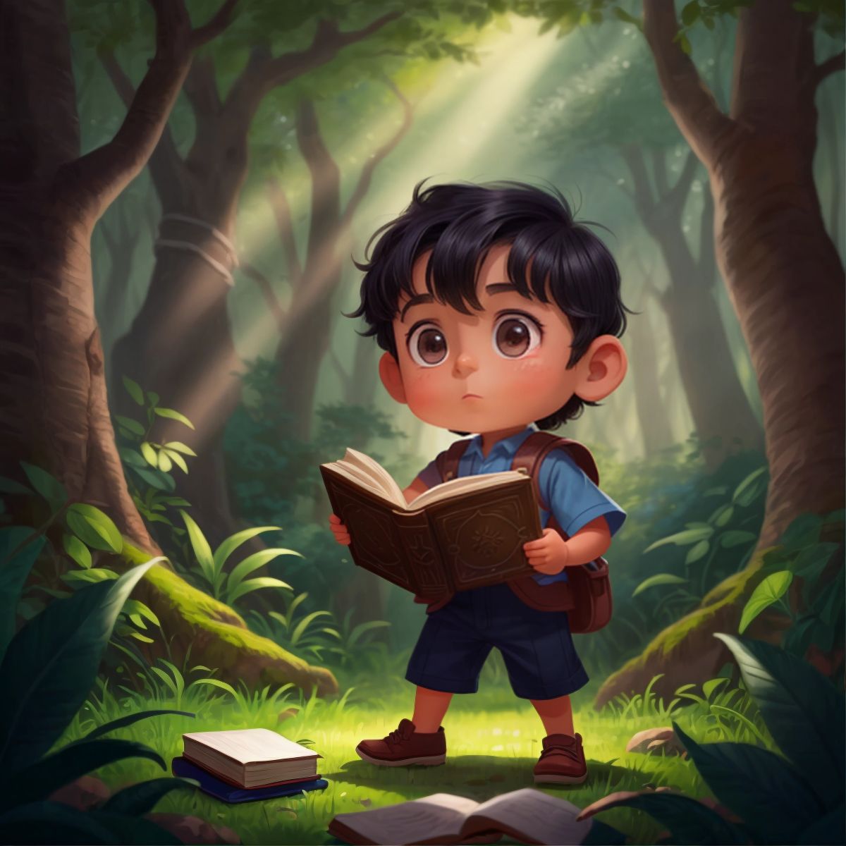 Ethan discovering an ancient magical book in a forest