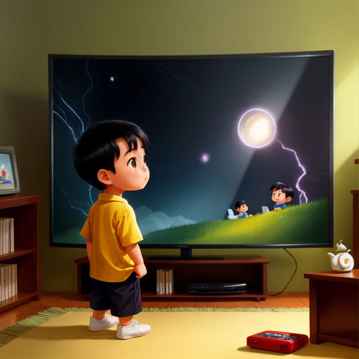 Xiao Bao looking at a magical TV set with awe