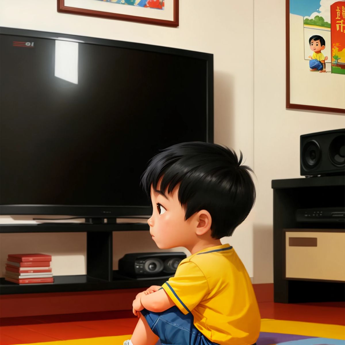 Xiao Bao sitting in front of a TV, completely engrossed