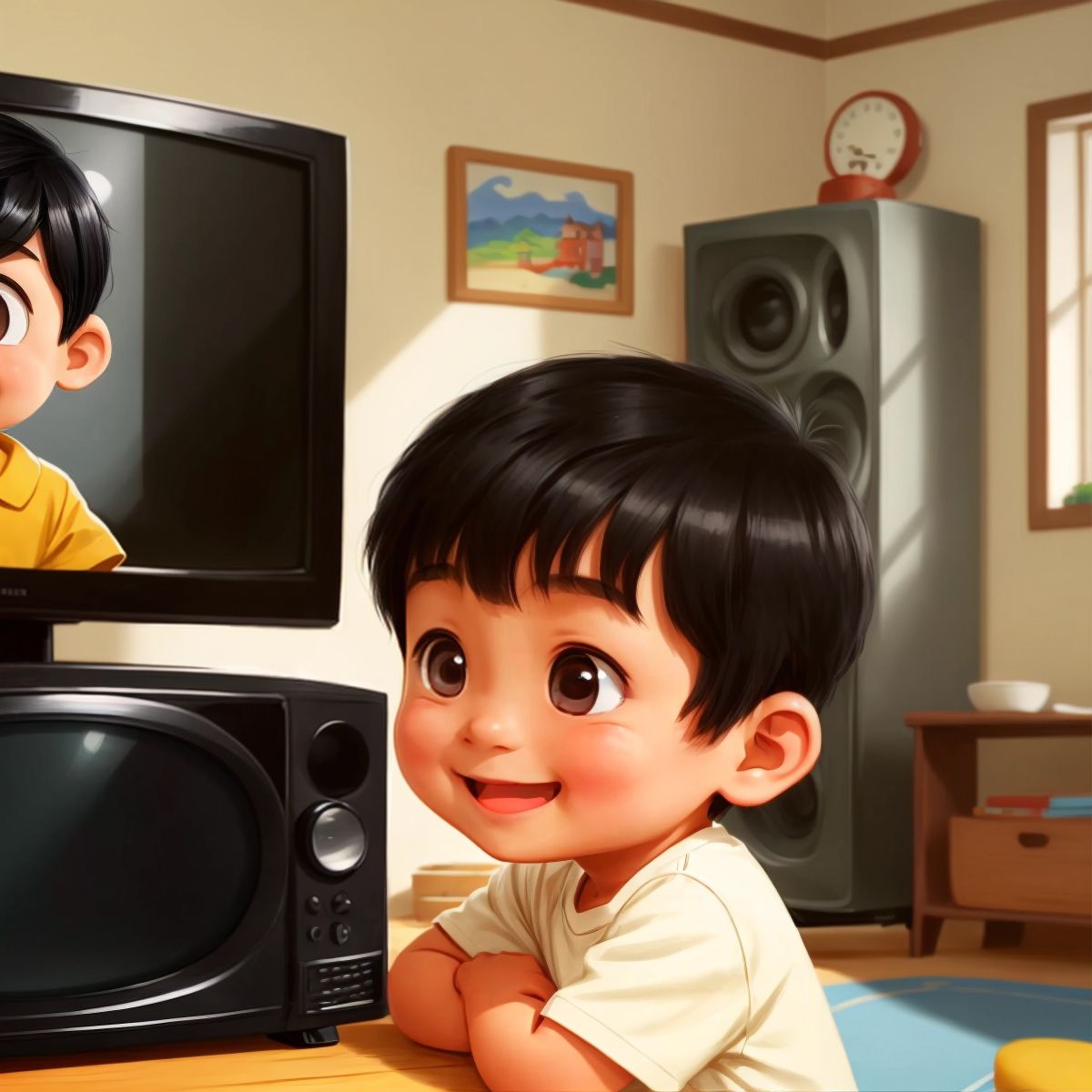 Xiao Bao looking at the TV set with a smile on his face