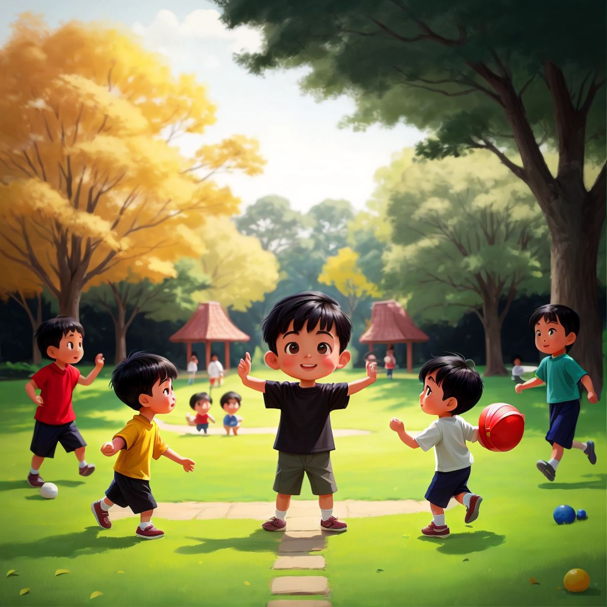 Xiao Bao enjoying outdoor activities with his friends