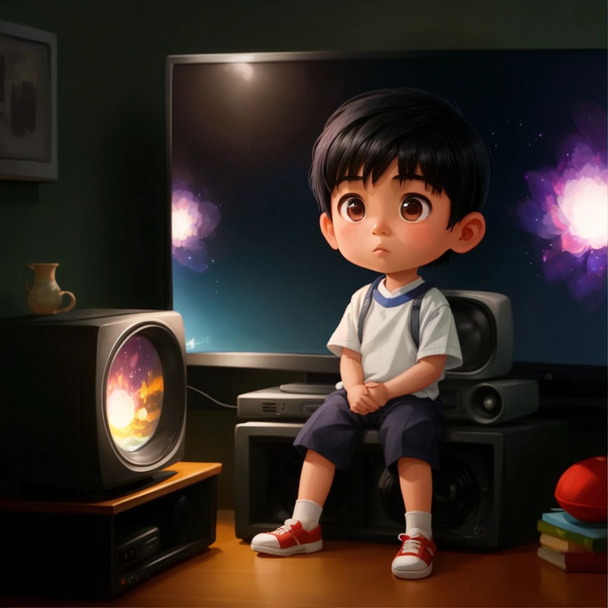 Xiao Bao completely immersed in the TV world