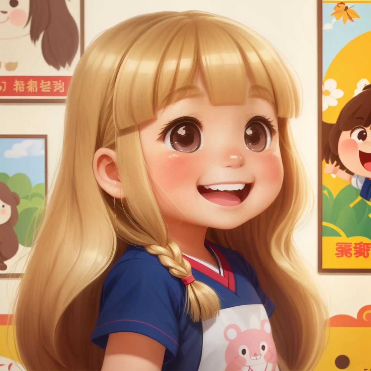 Lilly with a big smile on her face, a zoo poster on the wall in the background