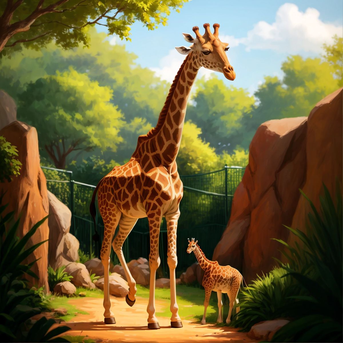 A tall giraffe in a zoo exhibit