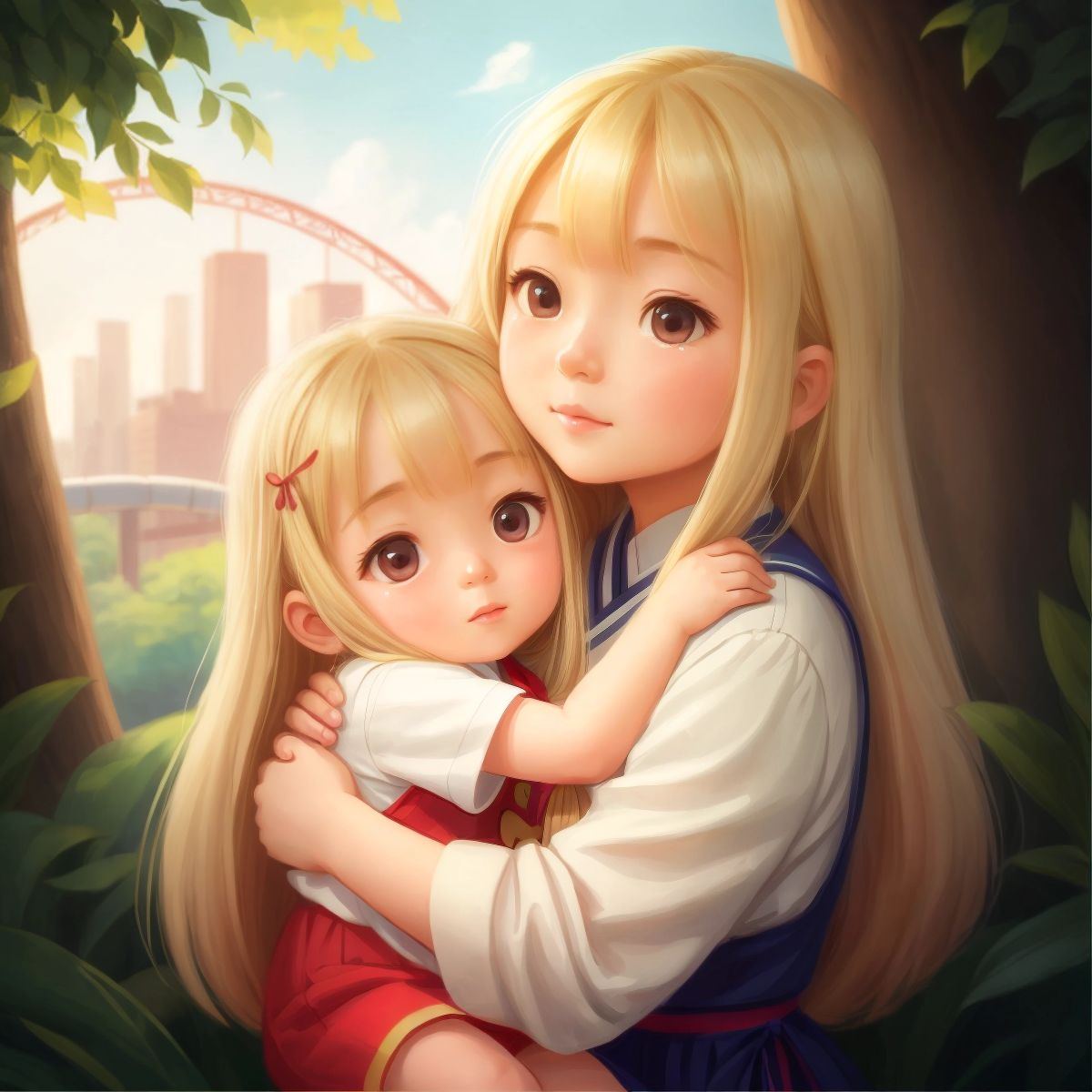 Lilly hugging her mom, with the zoo in the background