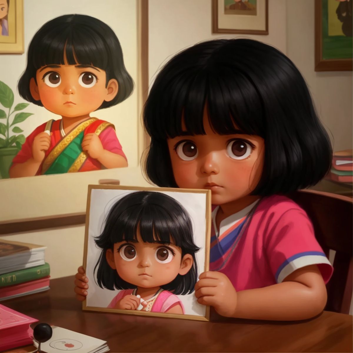 Harleen looking sad, with a picture of her grandma in the background