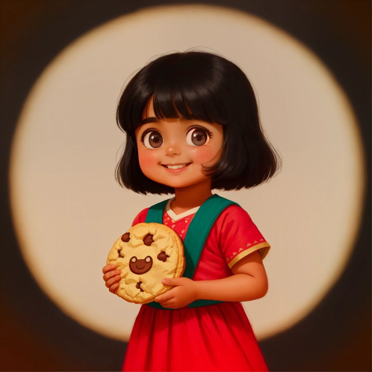 Harleen smiling, holding a freshly baked cookie