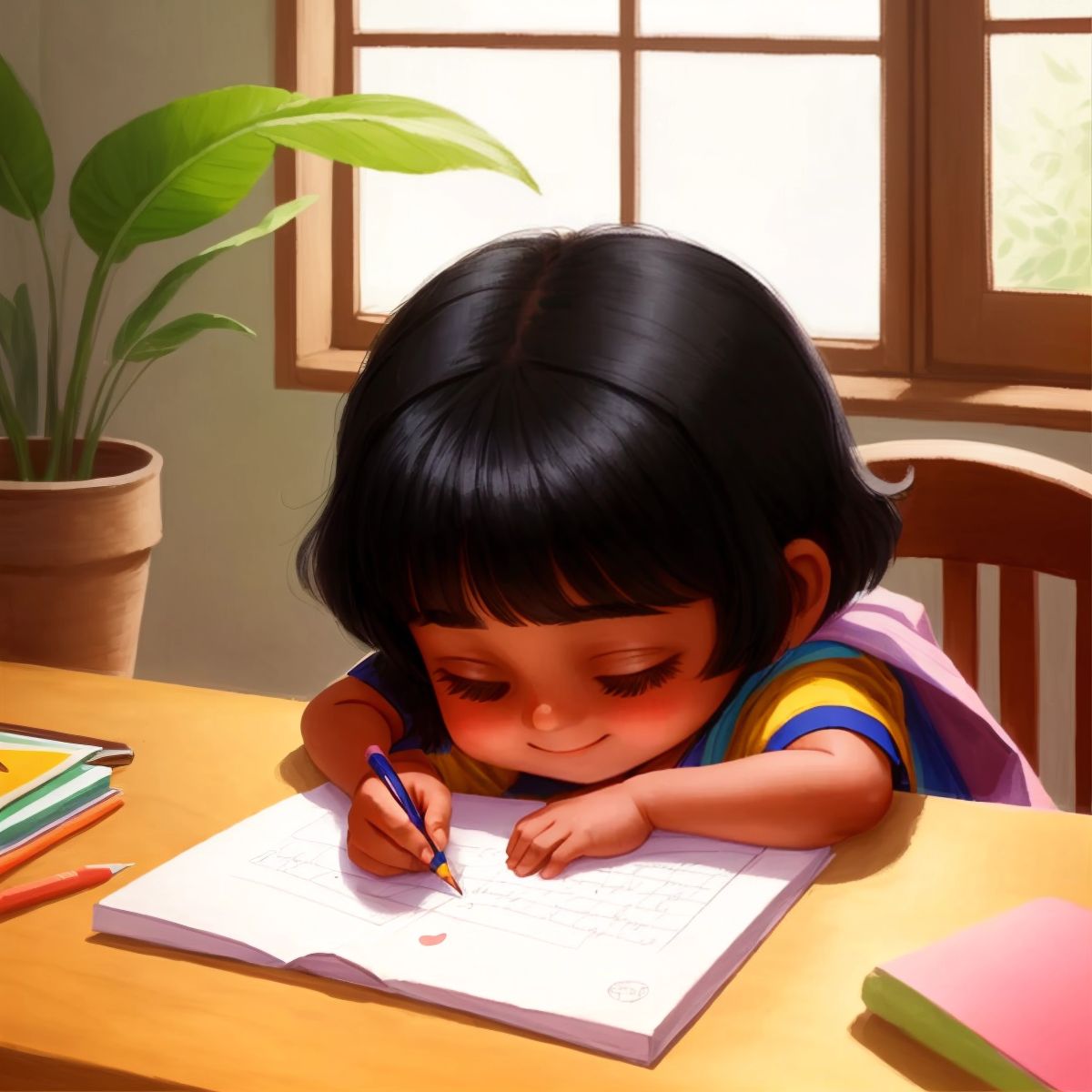 Harleen writing a letter, with a peaceful smile on her face