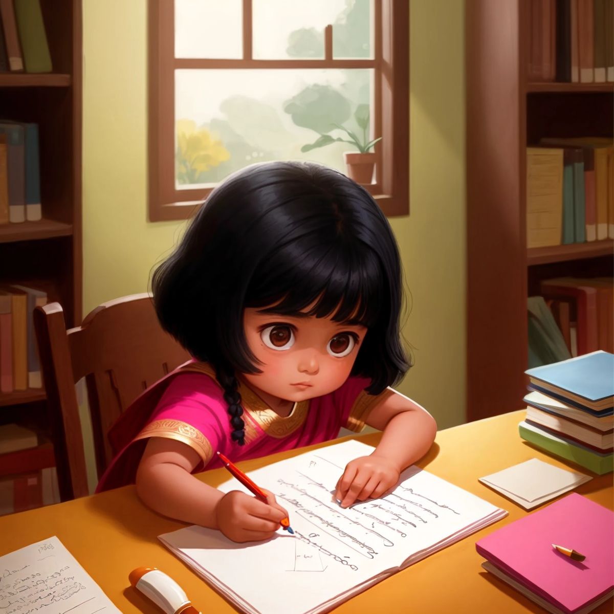 Harleen writing a letter at a desk