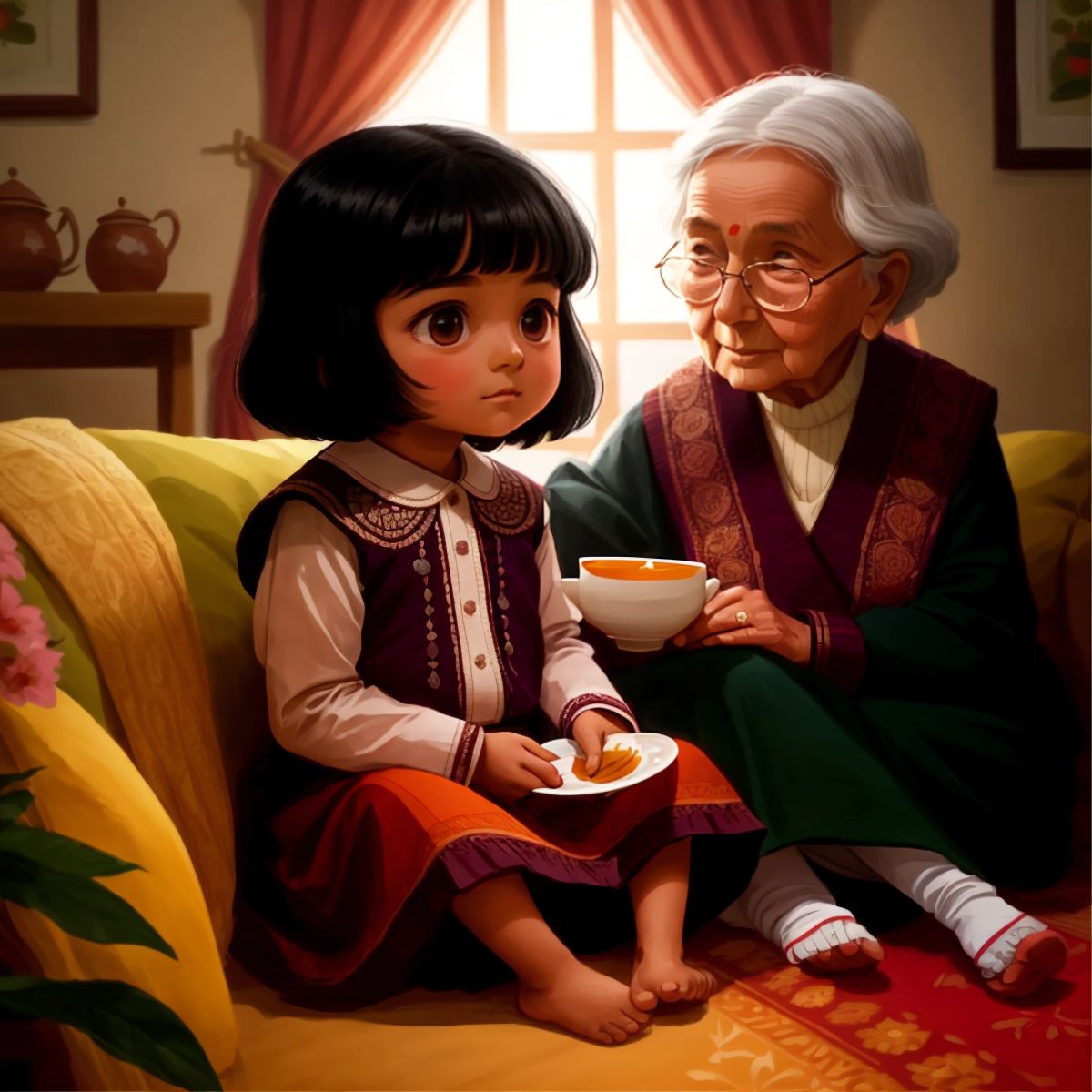 Harleen sitting with her grandma in a cozy home setting