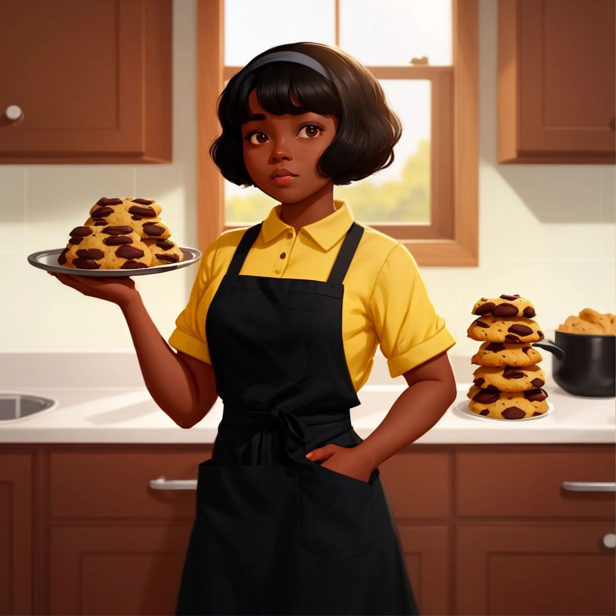 Aunty Nesha in the kitchen, holding a tray of freshly baked cookies