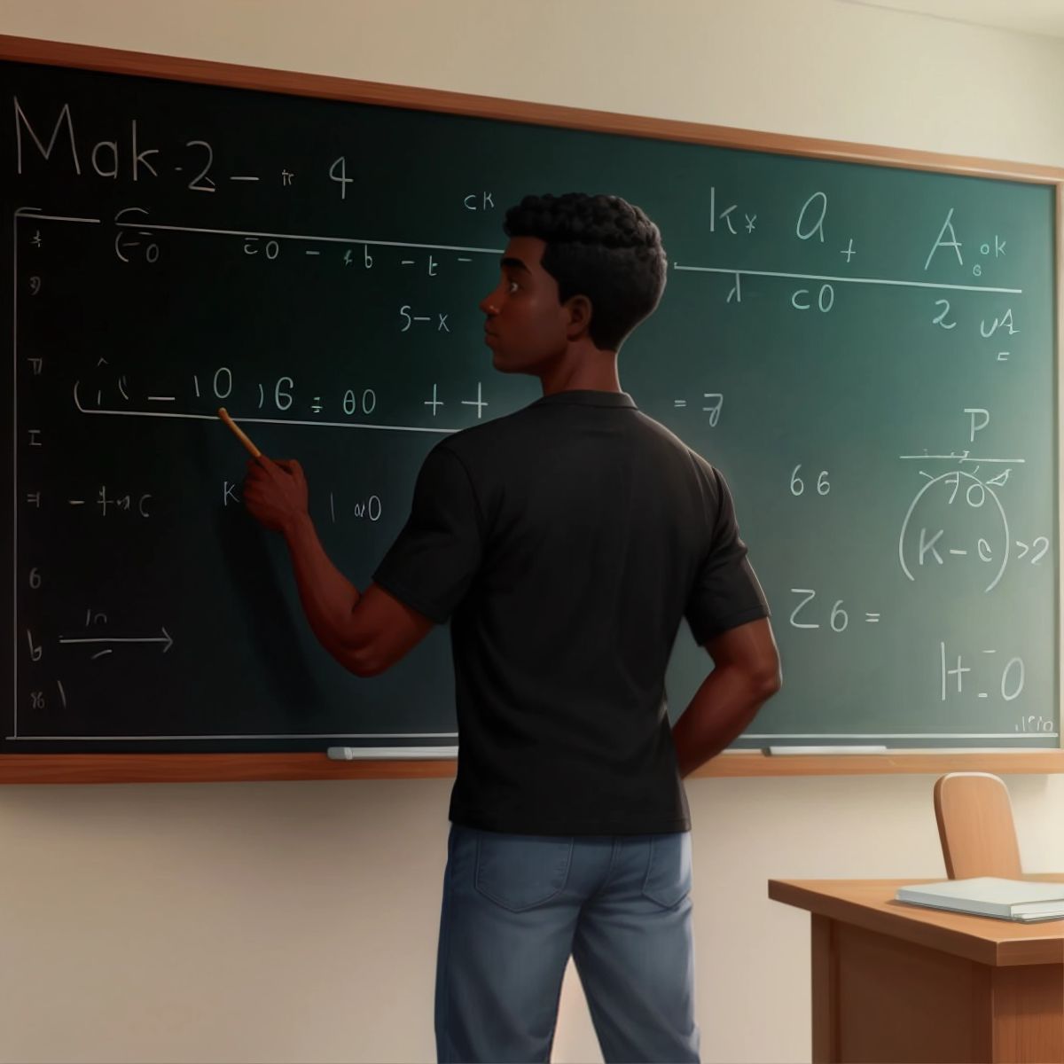 Sharoy in front of a chalkboard, solving a complex math equation