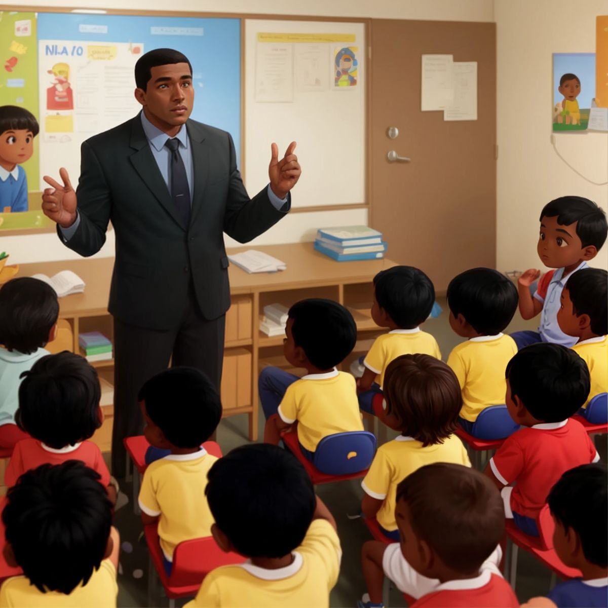 Sharoy speaking in front of a group of children in a school