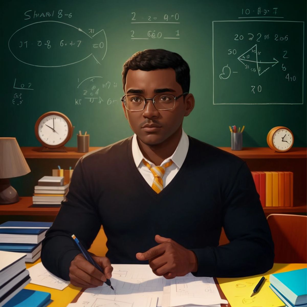 Sharoy at a desk, surrounded by equations and diagrams