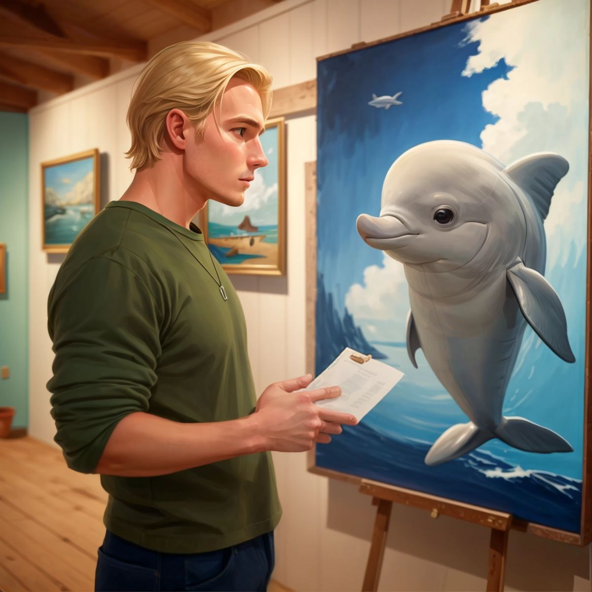 Tsek looking at a dolphin painting