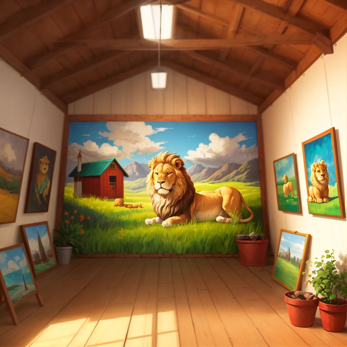A room filled with lion-themed art