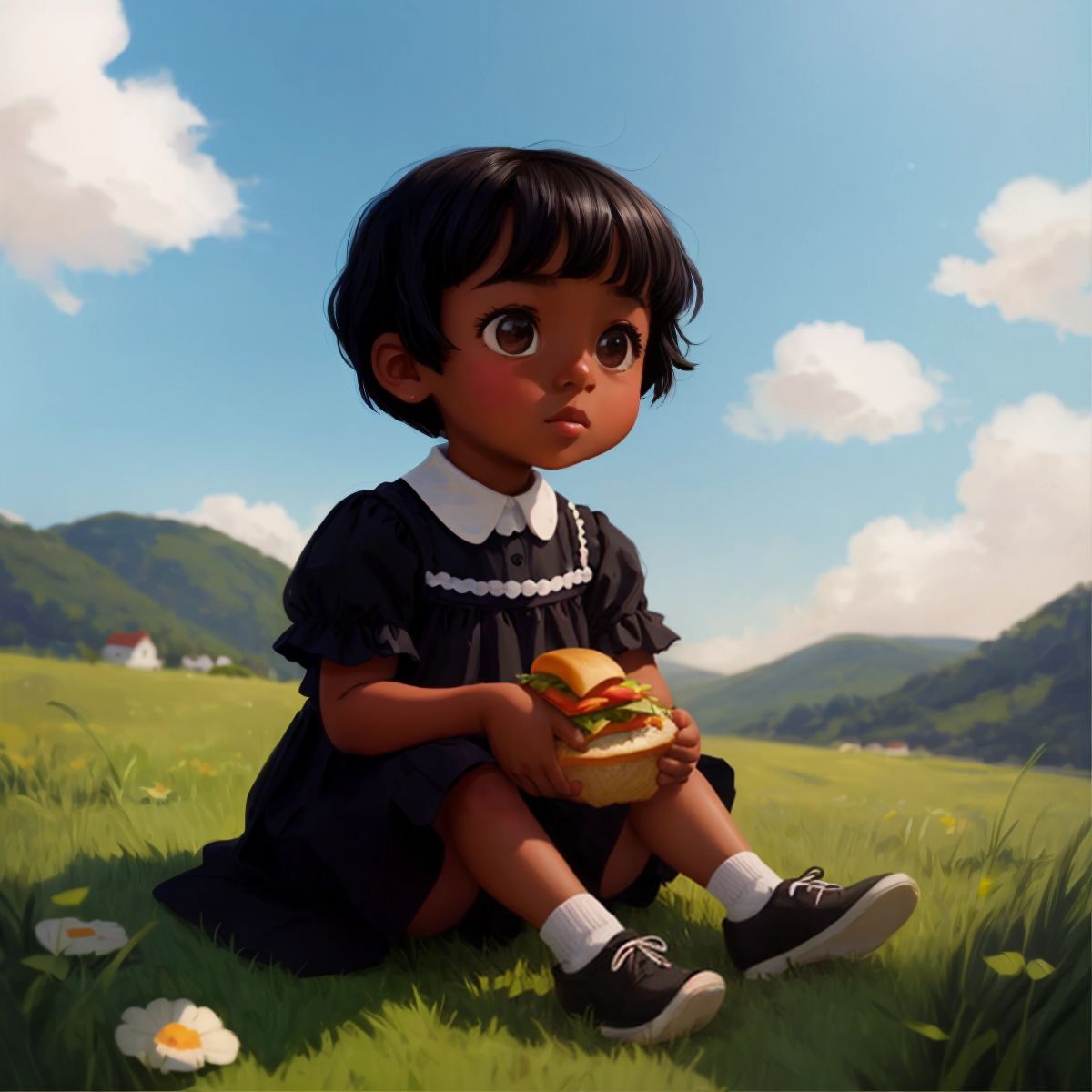 Mona sitting on a grassy hill, holding a sandwich