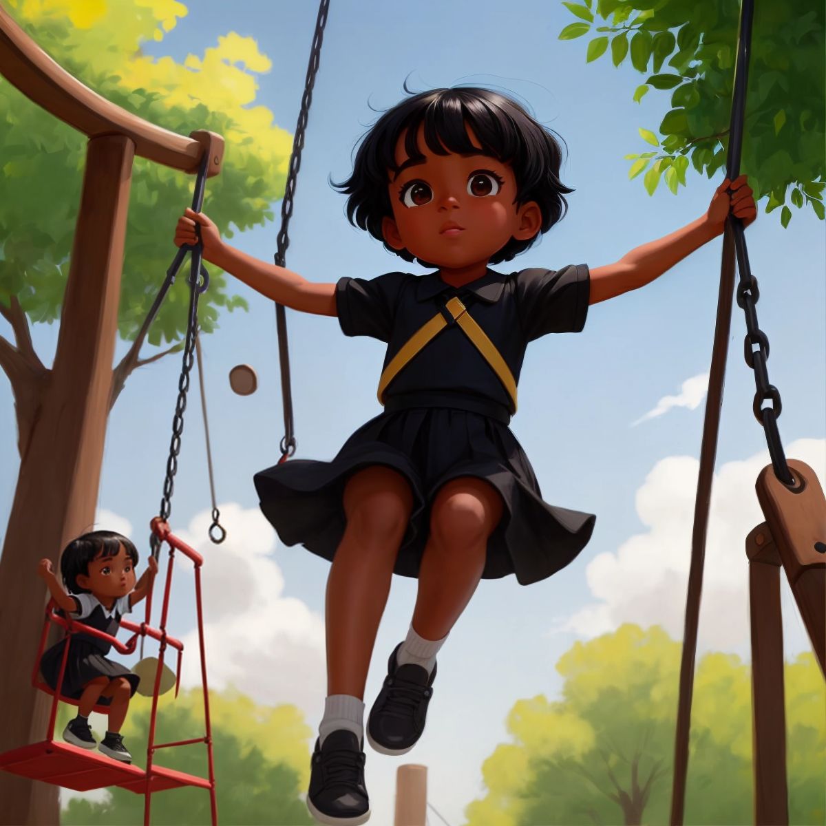 Mona swinging high in the playground