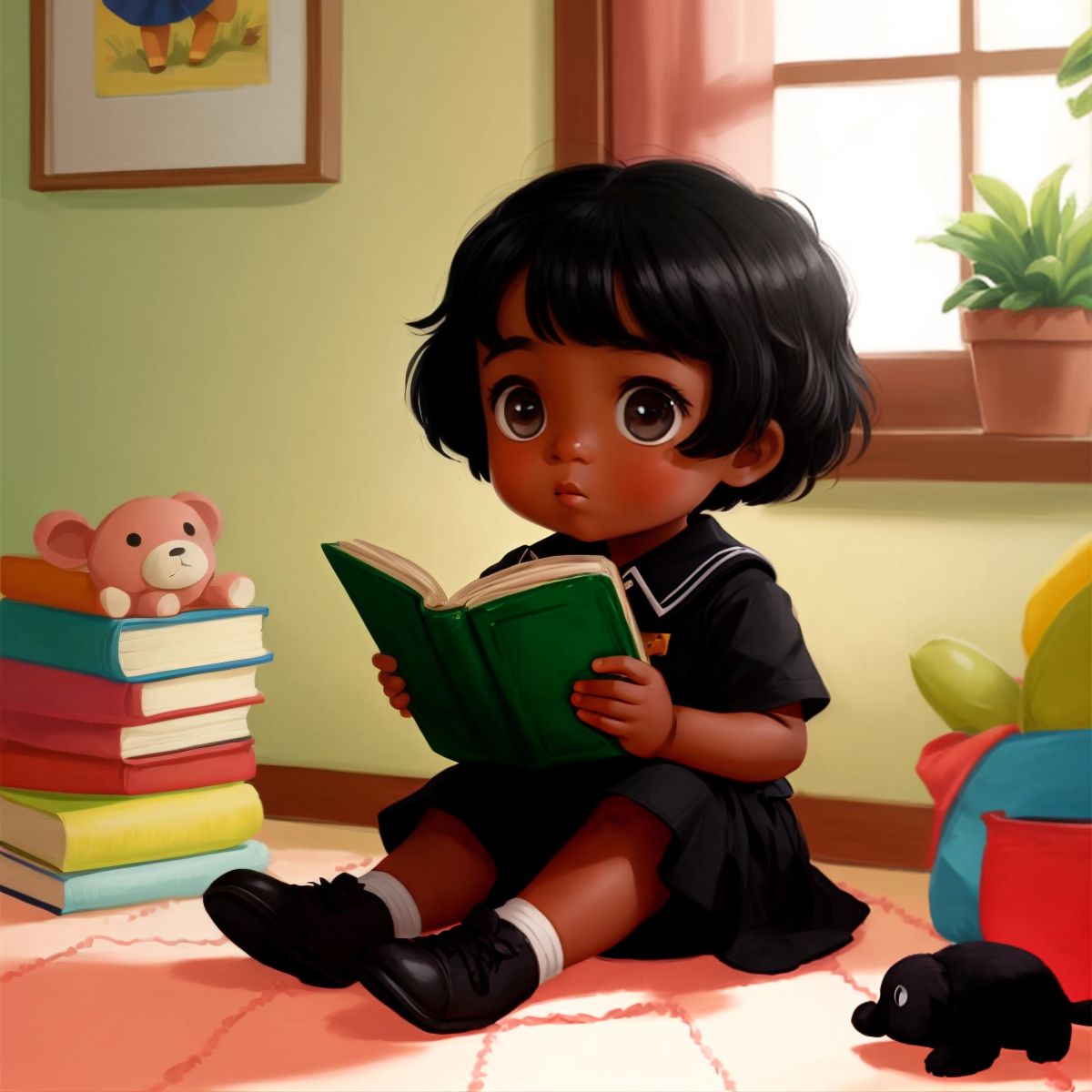 Mona sitting in a nursery, holding a book