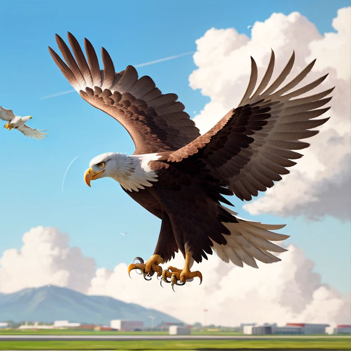 A majestic eagle swooping down at an airport