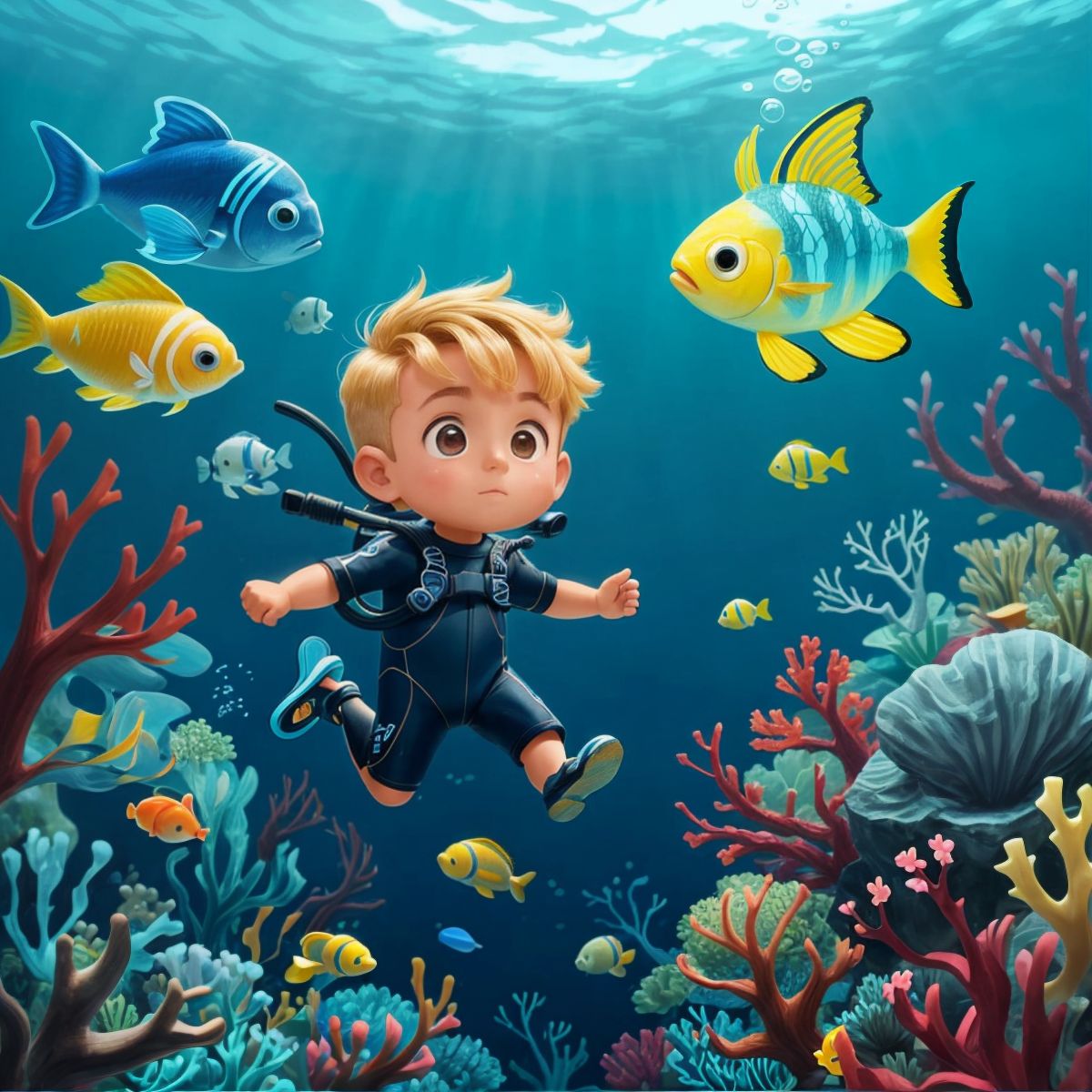 Max in a scuba diving suit, swimming alongside colorful fish