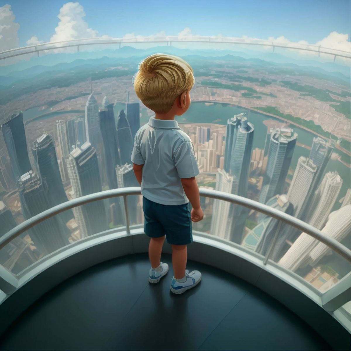 Max standing on the observation deck of the towers, looking down at the city below