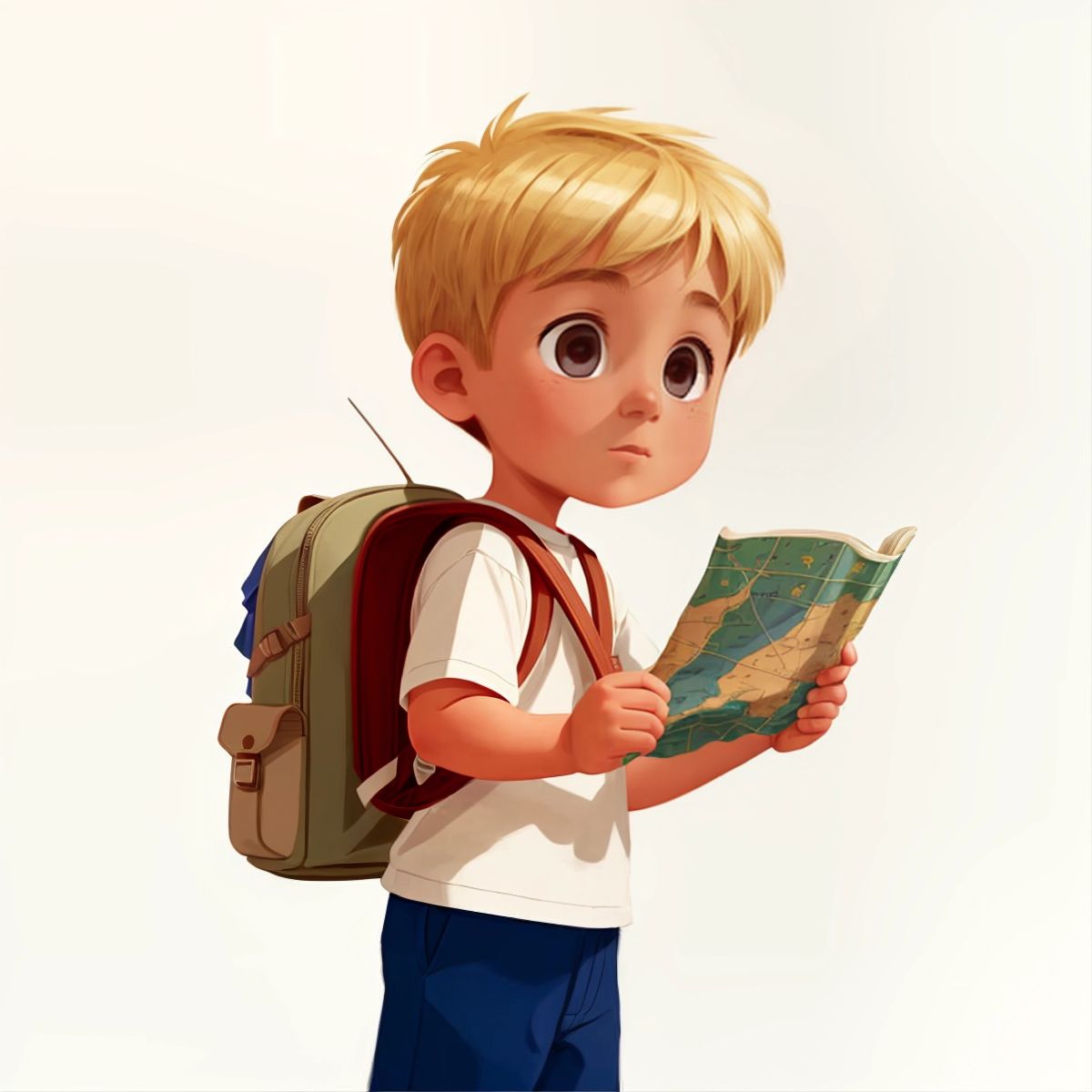 Max with a backpack, looking at a map with a faraway land marked on it