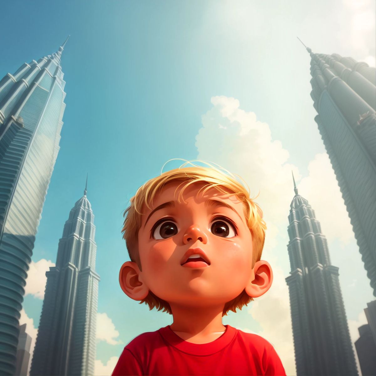 Max looking up at the Petronas Twin Towers, with a look of awe on his face