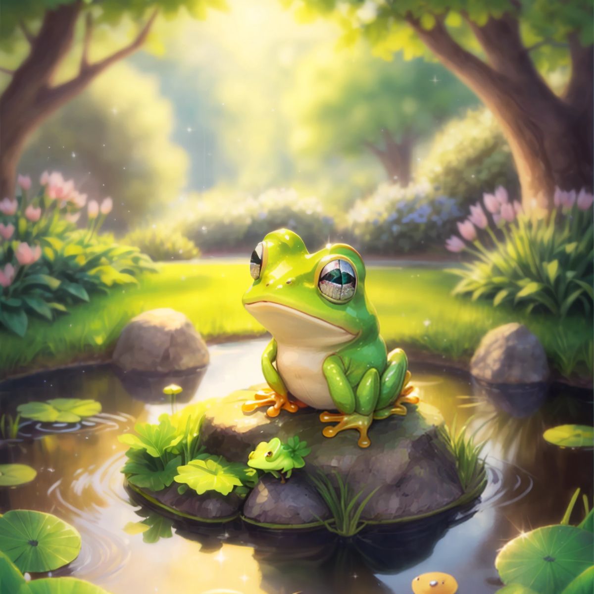 Freddy the frog hopping near a sparkling pond