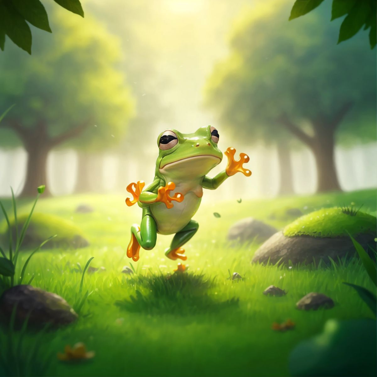 Freddy the frog leaping in the air