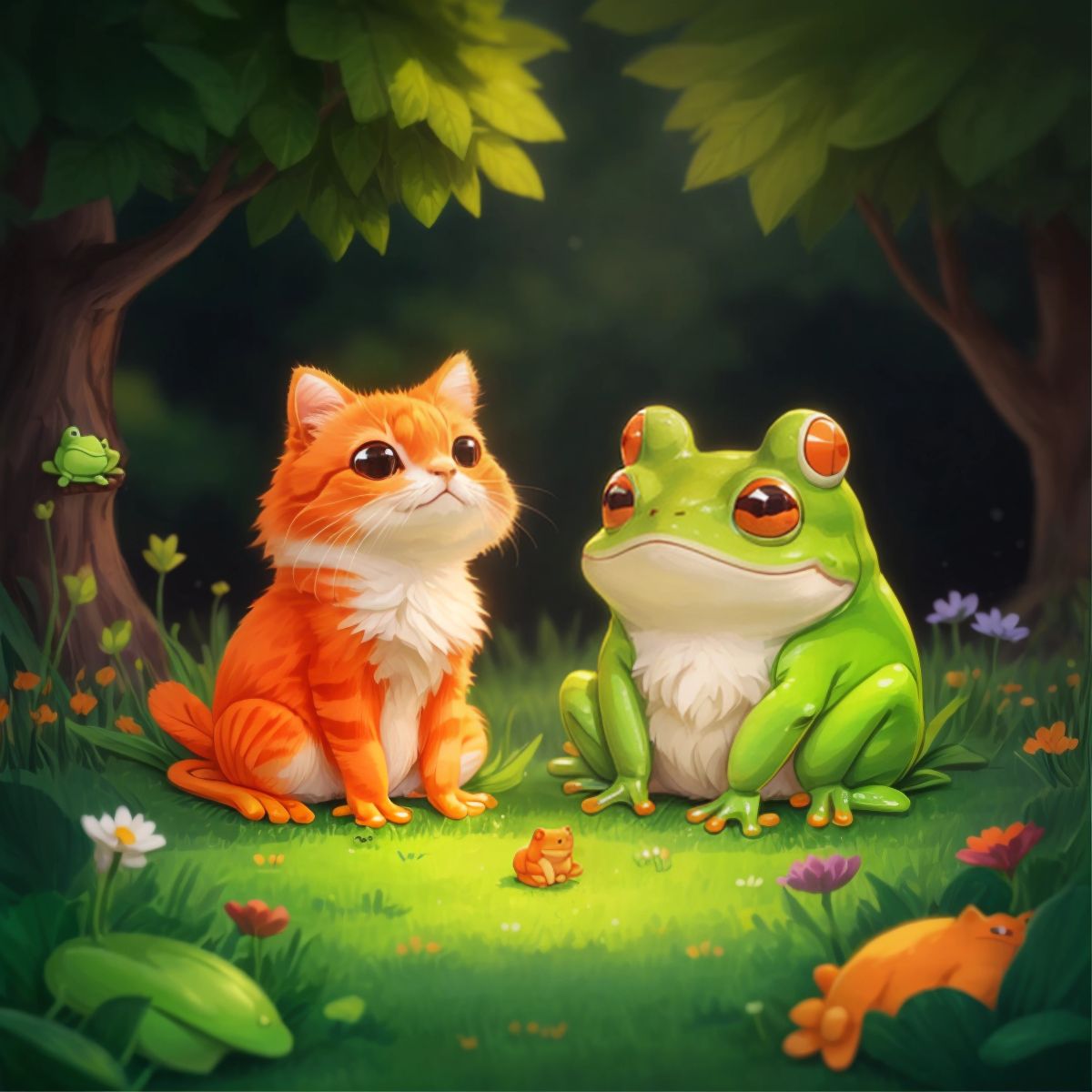 Freddy the frog and Oliver the cat sitting together, looking happy