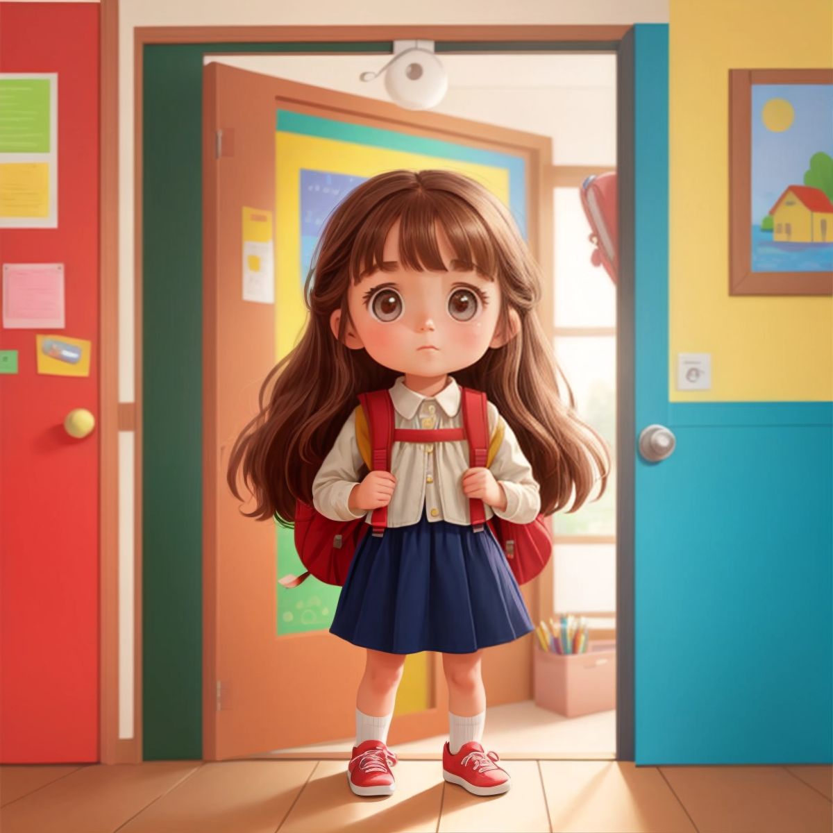 Ruby wearing a backpack, standing in front of a colorful classroom door